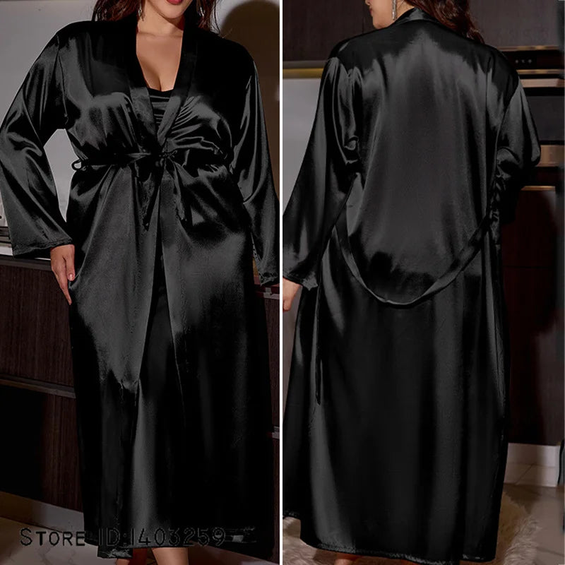 Plus Size 2-Piece Satin Robe & Nightgown Set – Bridal & Lounge Sleepwear (3XL–5XL)