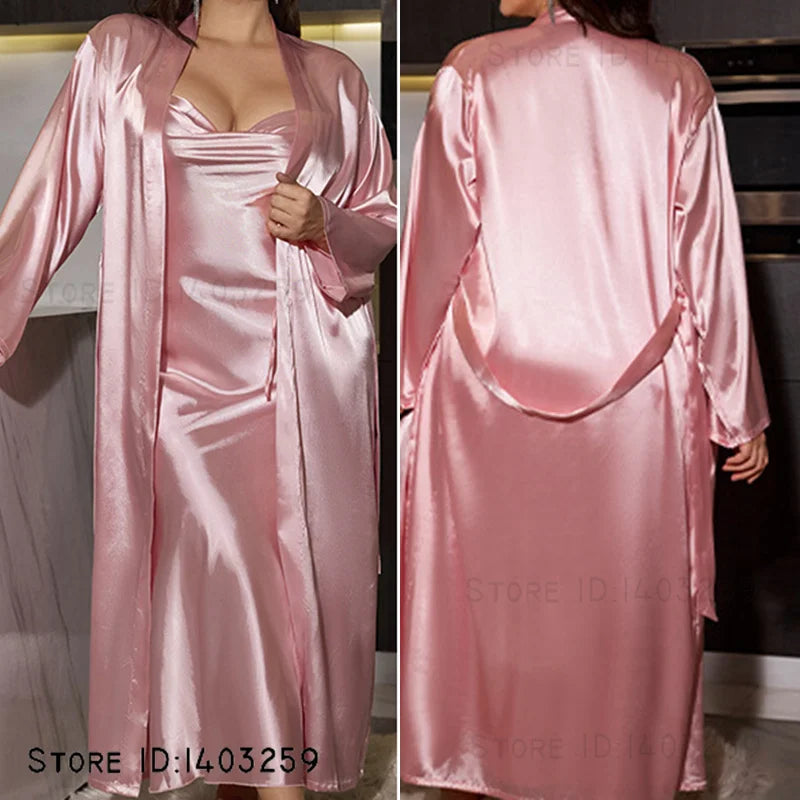 Plus Size 2-Piece Satin Robe & Nightgown Set – Bridal & Lounge Sleepwear (3XL–5XL)