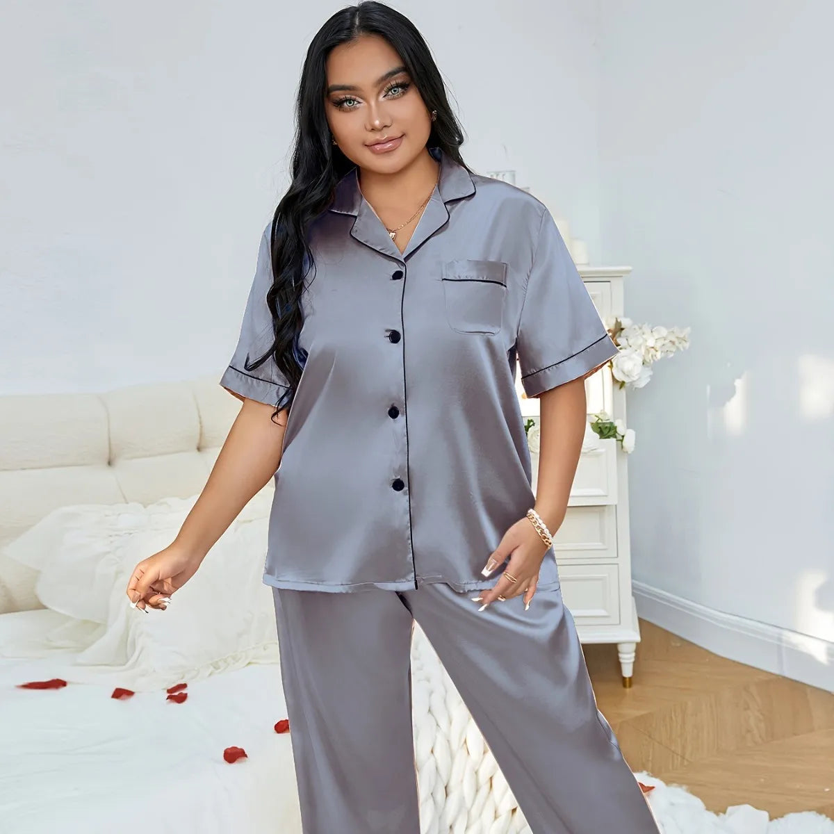 Plus Size Satin Pajama Set for Women (1XL–5XL) | Short Sleeve Loungewear Sleepwear Set
