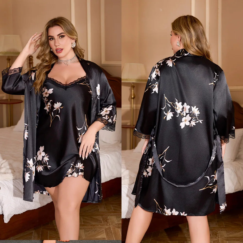 Plus Size Short Satin Robe Set for Women – 2PCS Kimono Bathrobe & Nightgown (Up to 5XL)