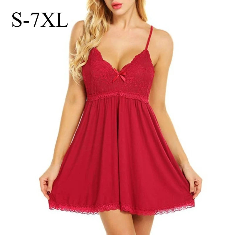 7XL Plus Size Lace Babydoll Nightgown for Women – Strappy Sexy Sleepwear Mini Dress