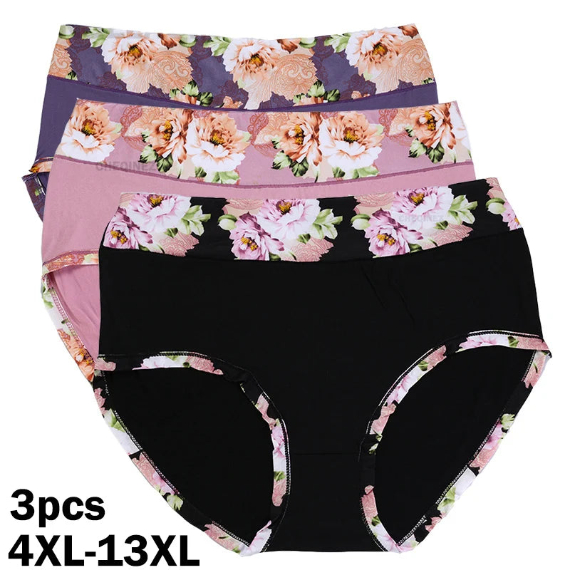 3-Pack Plus Size Cotton Floral Briefs for Women – Mid-Rise Underwear 4XL–13XL