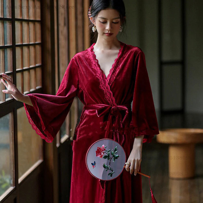 Plus Size Velvet Twinset Robe Set for Women – Long Kimono Bathrobe & Nightgown (Up to 5XL)