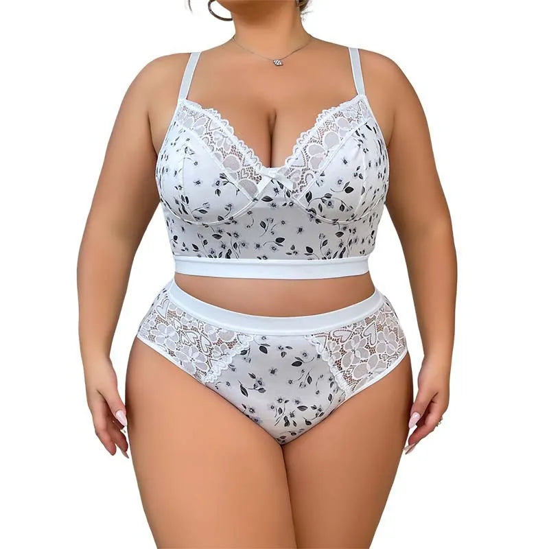 Plus Size Leaf Print Wire-Free Bra & Panty Set – Lightweight Support for Full Busts (XL–4XL)