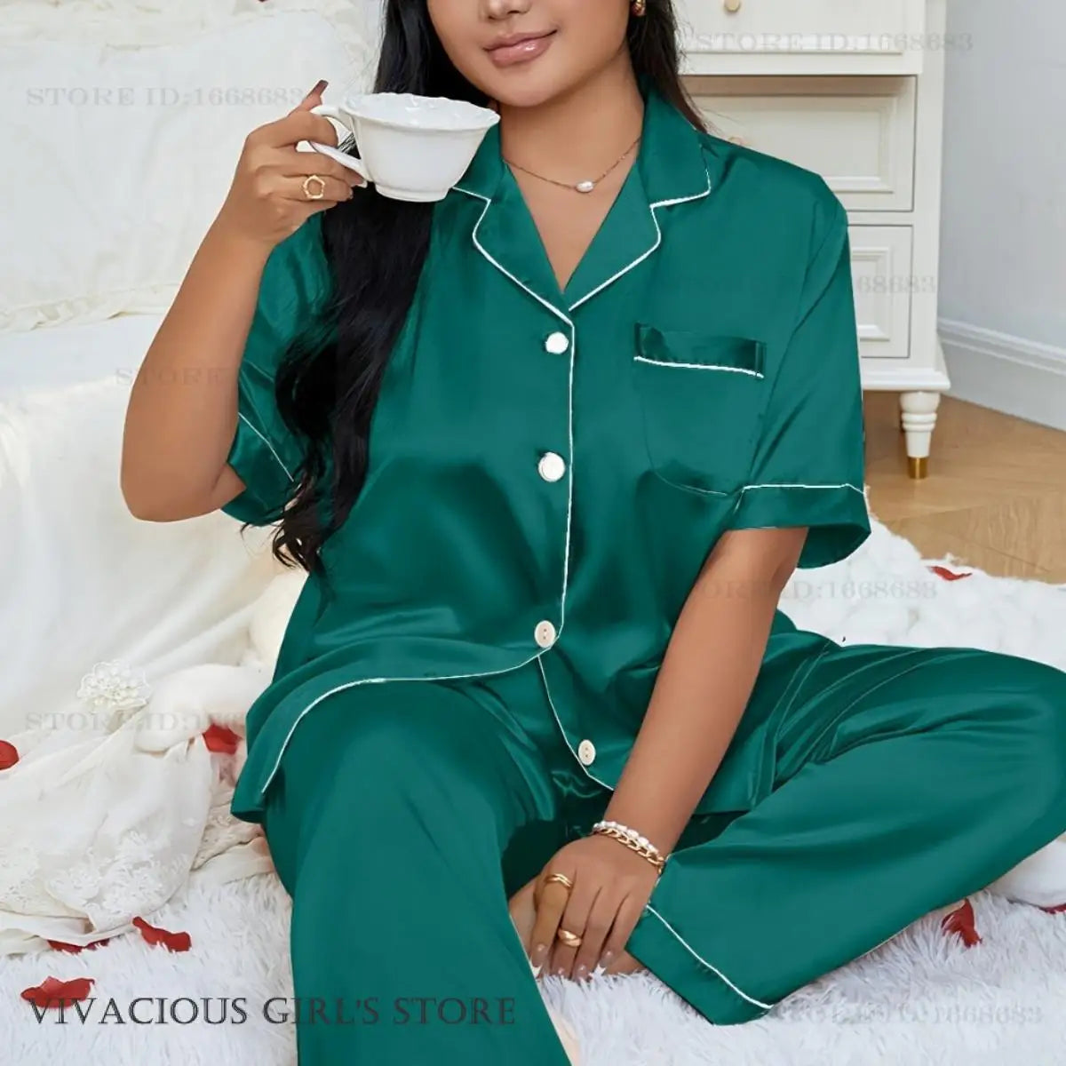 Plus Size Satin Pajama Set for Women (1XL–5XL) | Short Sleeve Loungewear Sleepwear Set