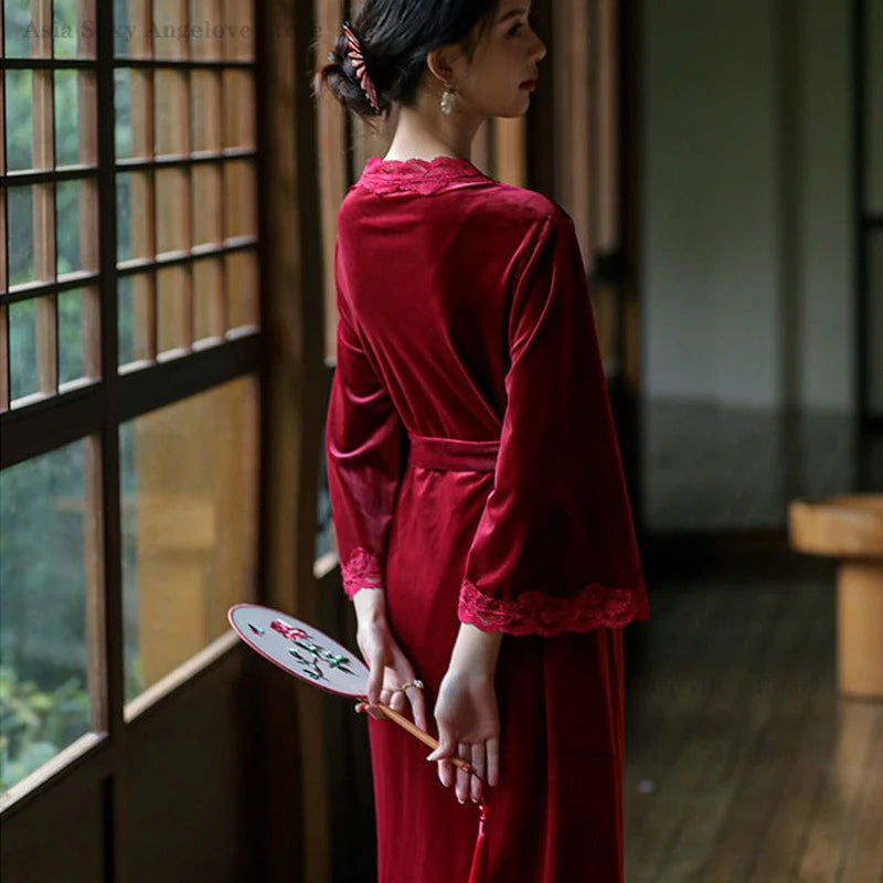 Plus Size Velvet Twinset Robe Set for Women – Long Kimono Bathrobe & Nightgown (Up to 5XL)