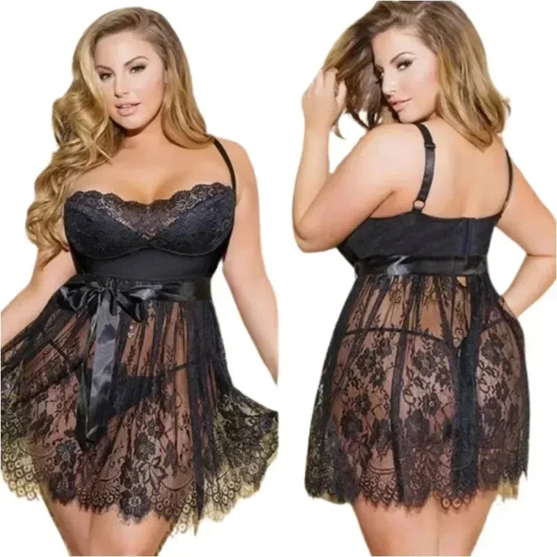 5XL Plus Size Lace Babydoll Lingerie Set – Sheer Floral Sleepwear with Panties