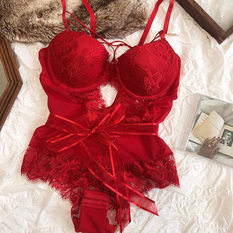 French Lace Push-Up Bodysuit with Adjustable Straps