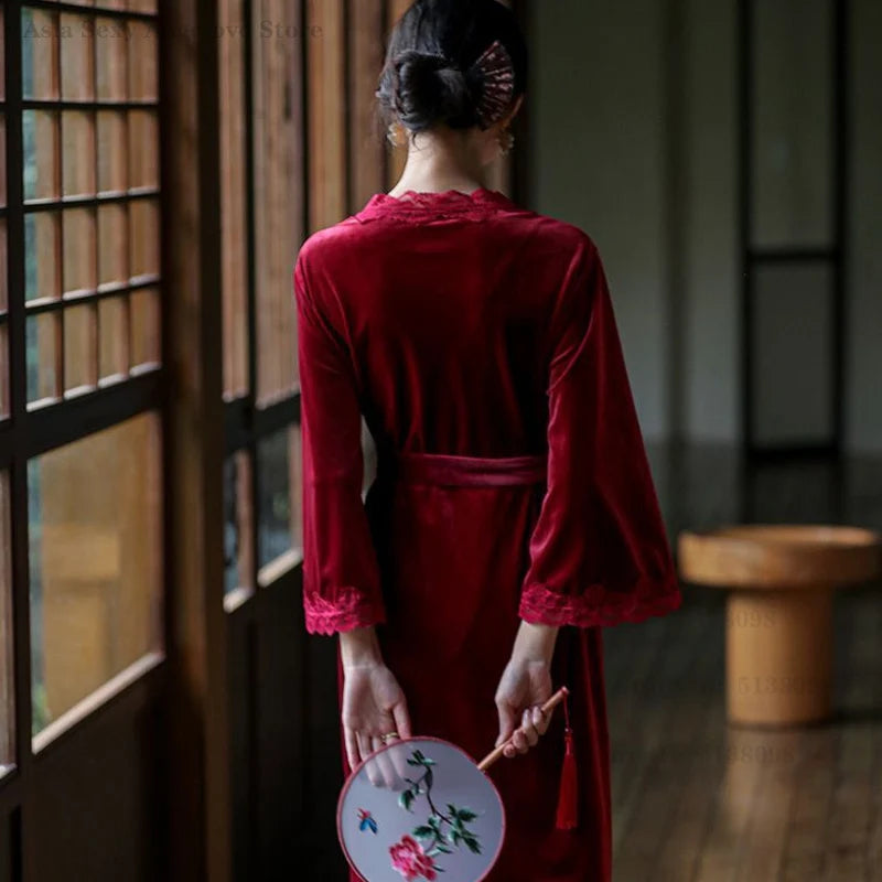 Plus Size Velvet Twinset Robe Set for Women – Long Kimono Bathrobe & Nightgown (Up to 5XL)