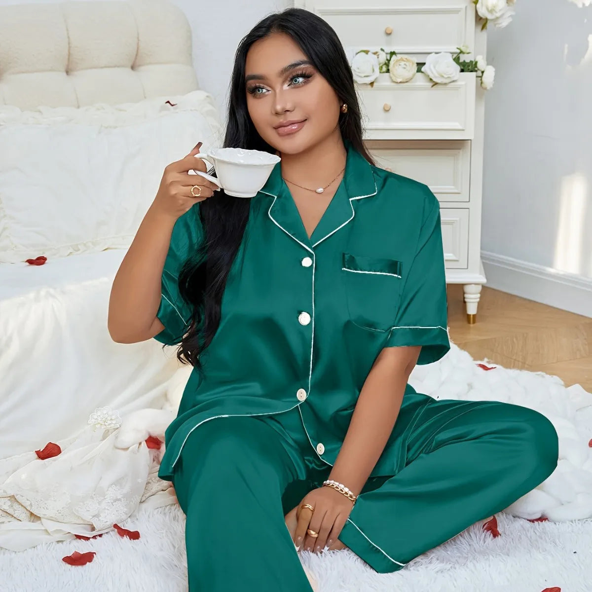 Plus Size Satin Pajama Set for Women (1XL–5XL) | Short Sleeve Loungewear Sleepwear Set