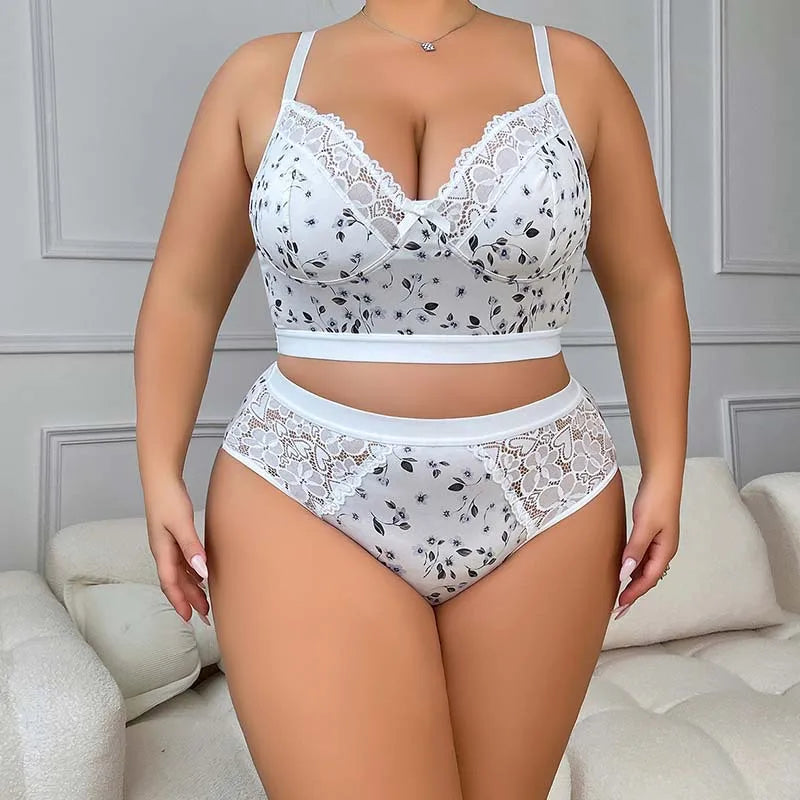 Plus Size Leaf Print Wire-Free Bra & Panty Set – Lightweight Support for Full Busts (XL–4XL)