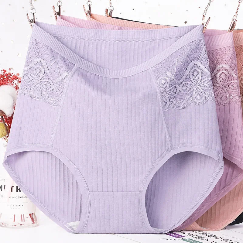 XL–6XL Plus Size High-Waisted Cotton Briefs for Women | Lace-Trim Antibacterial Underwear