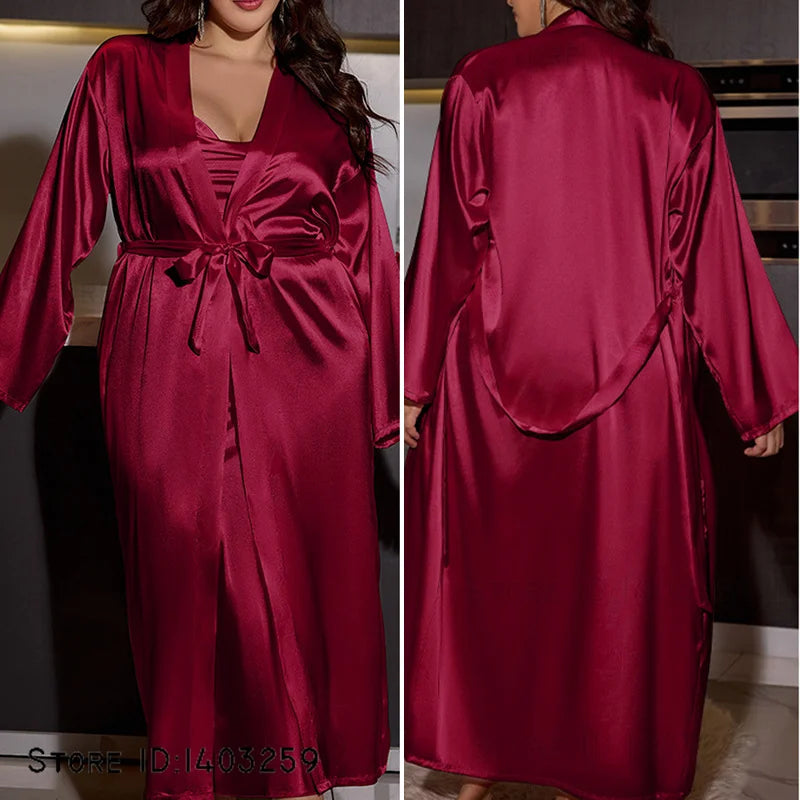 Plus Size 2-Piece Satin Robe & Nightgown Set – Bridal & Lounge Sleepwear (3XL–5XL)